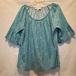 Michael Kors Women’s Teal White Blouse 1X Peasant Paisley 3/4  Sleeve Scoop Neck